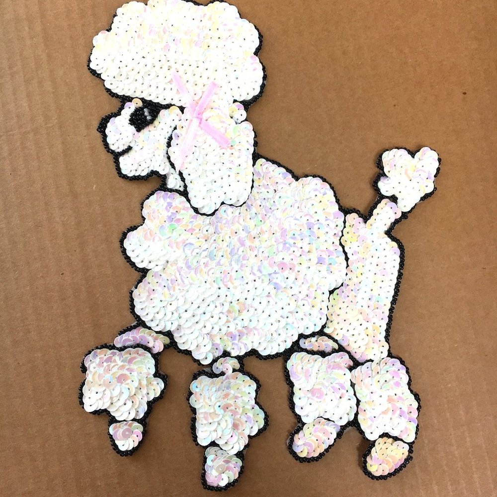 50’s White Iridescent Sequin 9.5" Poodle Applique NOS